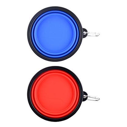 Large Collapsible Dog Bowls, 34oz Travel Water Food Bowls Portable Foldable Collapse Dishes with Carabiner Clip, 2 Pack (Blue + Red)
