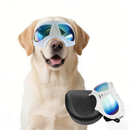Namsan Dog Goggles for Large Dogs, Wide Snout & Soft Frame, Tactical Driving Sunglasses for Dogs Medium to Large Breed, Anti-UV Dog Eye Protection, Windproof Dustproof, Adjustable, White - color: (Large)Blue Lens