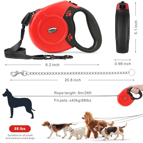 Idepet Heavy Duty Retractable Dog Leash for Small and Medium Dogs, Anti-Chewing Steel Chain Design,360 DegreeTangle-Free,Break and Lock System,26ft Leash Dog Walking (Red, Round Rope) - color: Red