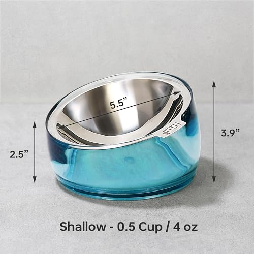 Felli Pet Oblik Whisker Fatigue Cat Food Bowl Raised Stainless Steel Shallow Dish, Pet Design Anti Vomit Tilted Metal Plate Feeder Elevated Acrylic Base(Sapphire, 0.5 Cups Shallow Dish) - color: Sapphire, size: 0.5 Cups Shallow Dish