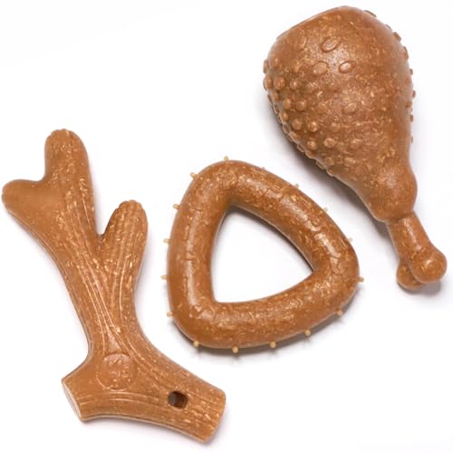 SCHITEC Dog Toys for Aggressive Chewers, 3 Pack Nylon & Wood Dog Chew Toy, Tough Chew Bone for Puppy Small Medium Dogs, Indestructible Teething Dog Toy, Chicken Flavor (Small) - style: Small