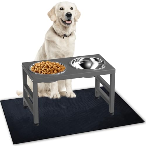 ADENGL Metal Raised Dog Bowl, 10" Height Tall Elevate Dog Feeder Stand with 2 Stainless Steel 42oz Bowls & 16x24 Non-Slip Mat – Stronger Dogs Food & Water Bowl Stand (Grey) - color: Grey - L Black Dog Mat, size: Height:10inch