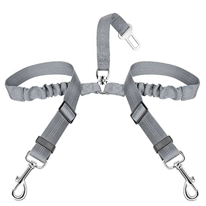 SlowTon Dog Seat Belt, Double Dog Seatbelt Adjustable Vehicle Safety Leash with Elastic Bungee Buffer, Reflective No Tangle Y Shape Two Dog Harness Seat Belt Splitter for Pets Car Trip (Grey, S) - color: G.Grey, size: 2 Small in 1