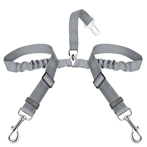 SlowTon Dog Seat Belt, Double Dog Seatbelt Adjustable Vehicle Safety Leash with Elastic Bungee Buffer, Reflective No Tangle Y Shape Two Dog Harness Seat Belt Splitter for Pets Car Trip (Grey, S) - color: G.Grey, size: 2 Small in 1
