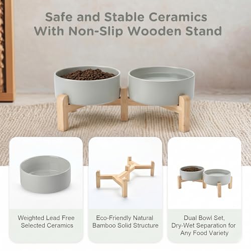 SPUNKYJUNKY Elevated Dog Bowls Ceramic, 5.1'' Dogs and Cat Food Water Bowls Raised with Non-Slip Bamboo Stand for Puppy Small Sized Breed Microwave Dishwasher Safe - 13.5 OZ,Grey - color: Grey, size: 5.1 in - 1.7 cups