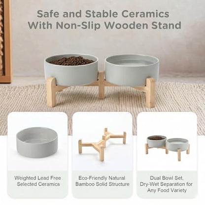 SPUNKYJUNKY Elevated Dog Bowls Ceramic, 5.1'' Dogs and Cat Food Water Bowls Raised with Non-Slip Bamboo Stand for Puppy Small Sized Breed Microwave Dishwasher Safe - 13.5 OZ,Grey - color: Grey, size: 5.1 in - 1.7 cups