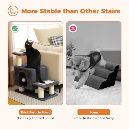 3-in-1 Dog Stairs & Cat Scratching Post with Condo, Pet Steps for High Bed, Sofa, Couch, Tall Cat Tower, High-Strength Board for Indoor Small Cats Kittens Dogs Climbing Playing, 3 Steps-Dark Grey - color: Dark Grey