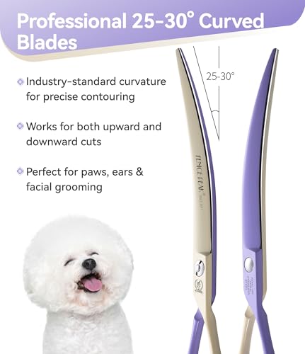 Curved Dog Grooming Scissors with Coating 440C Stainless Steel, 7 inch Professional Curved Shears Dog Grooming，25 Degree of Curved Blade，Pet Shear for Trimming Face and Paw, Violet & White - color: Violet&white