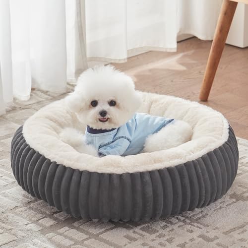 23 inches Donut Dog Bed for Small Dogs - Calming Round Puppy Bed with Removable Cover, Washable Milk Plush Faux Fur Pet Bed for Cats, Fits Pets up to 15 lbs(Charcoal,Small) - color: Charcoal, size: 23.0"L x 23.0"W x 7.0"Th