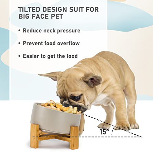 SPUNKYJUNKY 15° Slanted Ceramic Dog and Cat Bowl with Wooden Stand, Tilted Bulldog Food and Water Bowl No Slip Non-Spill for Cats Medium Dogs Big Face Pets 28.7 OZ (3.6 Cups, Grey) - color: Grey, size: 3.6 CUPS × 1