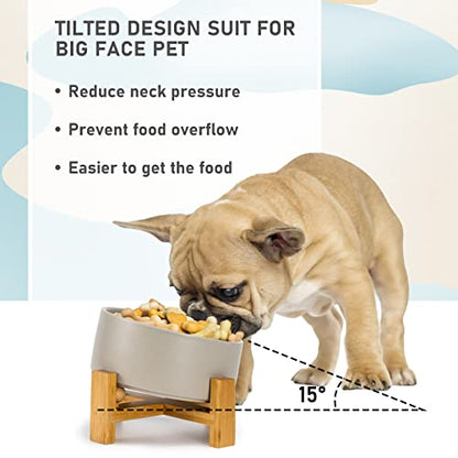 SPUNKYJUNKY 15° Slanted Ceramic Dog and Cat Bowl with Wooden Stand, Tilted Bulldog Food and Water Bowl No Slip Non-Spill for Cats Medium Dogs Big Face Pets 28.7 OZ (3.6 Cups, Grey) - color: Grey, size: 3.6 CUPS × 1