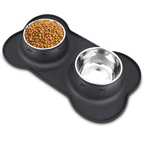 AsFrost Dog Food Bowls Stainless Steel Pet Bowls & Dog Water Bowls No Spill Non Skid, Feeding Bowls with Dog Bowls Silicone Mat for Small Medium Large Size Dogs, Cat Pet Dog Dishes Set, Black, 3 Cup - color: Black, size: 3 Cup/27 oz each