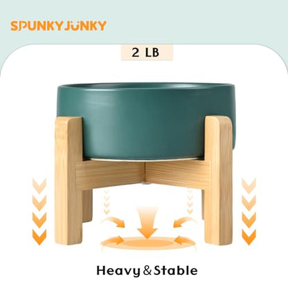 SPUNKYJUNKY Ceramic Elevated Dog Bowls 2 Pack - 6.1inch Raised Dog Bowls with Non-Slip Wooden Stand for Medium Dogs Dishwasher Safe(Green,28.7OZ*2) - color: Green, size: Medium - 3.6 CUPS*2