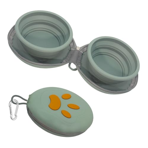 Collapsible Dog Bowl 2-in-1 Travel Portable Silicone Carabiner,Green | food & water use, folds flat, compact storage, camping, hiking, everyday walks, carabiner clip included - color: A-Green