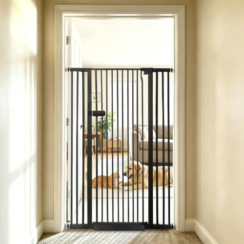 Lumizone Extra Tall Cat Gate 55.12" High 29.92"-42.51" Wide Pet Gate Black | Dog Gate for Doorway Hallway Stairs Pressure Mounted Extra Wide 1.37" Gap No Drilling Auto-Close One-Handed Operation - color: 55.12" H-black, size: 29.92"-42.51" W