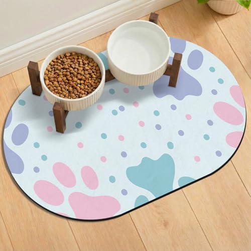 Dog Feeding Mat 24''x16'', Absorbent Pet Food Mat, No Stains Quick Dry Pet Water Mat Protect Floor, Cat Dog Water Bowl Mat for Messy Drinkers, Non-Slip Rubber Base Pet Placemats for Food and Water - color: Light Blue Paw, size: 24''x16''