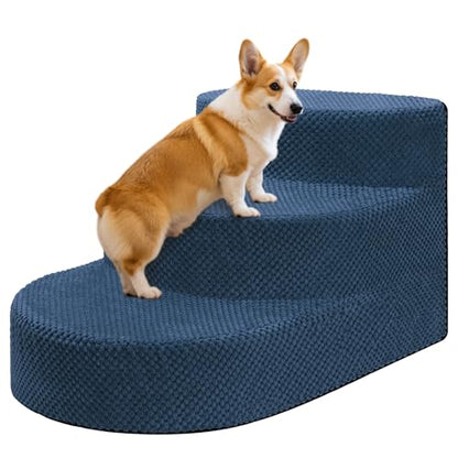 Dog Stairs 3 Steps Foam Pet Ramp for Small Dogs Cats, Navy Blue | Non-slip foam stairs with washable cover, ideal for beds & sofas. Sturdy, safe & easy to clean. - color: Navy blue-3-Step
