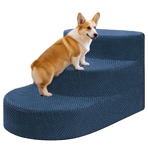 Dog Stairs 3 Steps Foam Pet Ramp for Small Dogs Cats, Navy Blue | Non-slip foam stairs with washable cover, ideal for beds & sofas. Sturdy, safe & easy to clean. - color: Navy blue-3-Step
