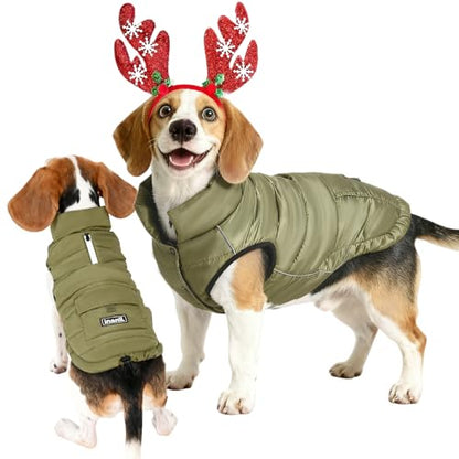 Dog Winter Puffer Jacket Waterproof, Reflective Furry Fleece Lined Dog Coats for Small Medium Dogs, Warm Snow Coat, Insulated Cold Weather Dogs Vest Jackets with Leash Hole, Olive - color: Olive, size: XL: 20–25 lbs