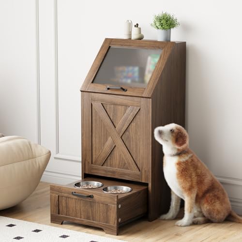 Dog Feeding Station with 2 Elevated Bowls, Dog Food Storage Cabinet with Pet Toy Organizer and Flip Top Pet Feeding Station,Hidden Pet Feeder Station for Cats and Dogs(Walnut) - color: Dog Feeding Station-Walnut