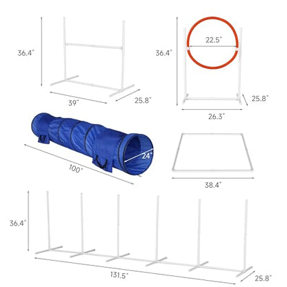 Dog Agility Training Equipment Set - 6 Pack Obstacle Course Kit with Tunnel, Hurdle, Weave Poles, Jump Ring, and Storage Bag for Outdoor Pet Games