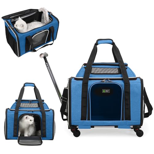 PETCUTE Large Dog Cat Carrier with Wheels,Foldable Rolling Pet Carrier for Cat Dog Under 18 lbs,Breathable Cat Carrier Travel Bag with Telescopic Handle and Mesh Pocket for Outdoor Walking Travel