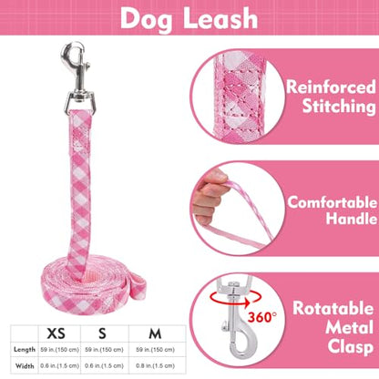 EXPAWLORER 귀여운 강아지 하네스 칼라 목줄 세트 - 핑크 여아용 강아지 하네스 체크 무늬 스텝인 디자인, 탈착식 리본 반려동물 칼라, 조절 가능한 목 졸림 없는 경량 메시 조끼 고양이 강아지 소형견용, S - color: 핑크(칼라 포함), size: 스몰