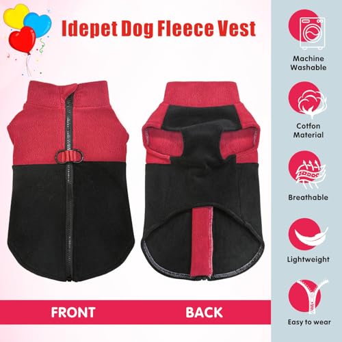 Idepet Dog Fleece Vest Sweater Zip Up Warm Pullover Dogs Jacket with D-Ring Leash Winter Cold Weater Coat Pet Sweatershirt Clothes Hoodie for Small Medium Dogs Boy Girl (Red/Black, XS) - color: Red/Black, size: XS