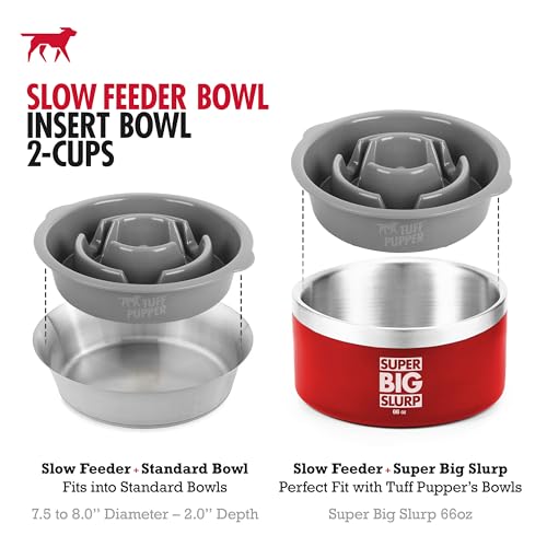 Tuff Pupper Slow Feeder Insert Bowl | Puzzle Maze Slows Down Eating | Elevated Feeder Tray Bowls | Standalone Dog Bowl | Pet Bowls Insert | Easy Clean Dishwasher Safe (2 Cups - Fits 7.5-8 Inch Hole) - size: 2 Cup - 7.5-8 Inch Feeder Holes