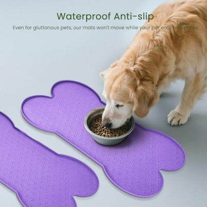 PWTAA Dog Food Mat Anti-Slip Silicone Dog Bowl Mat Thicker Pet Placemat Waterproof Cat Feeder Pad with Raised Edge Puppy Kitten Feeding Mats Suitable Small Medium-Sized Dogs Cats Eating Tray - 2PCS - color: Purple, size: 19.4" x 9.8"-2PCS