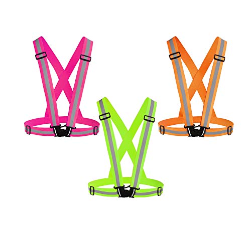 Reflective Vest Running Gear 3Pack, Adjustable Safety Vests High Visible Reflective Belt Straps - color: Pink,green,orang