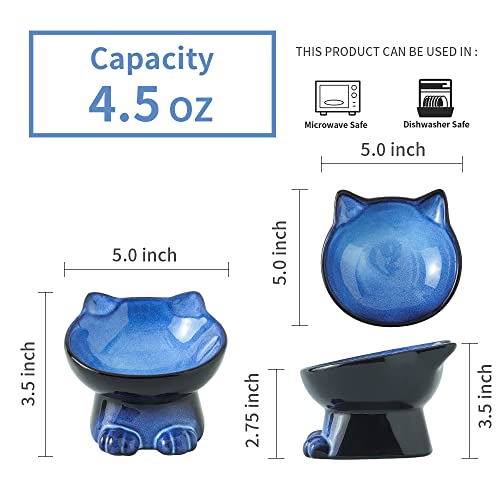 Nihow Slanted Elevated Cat Bowls: 5 Inch Ceramic Raised Cat Food Bowl for Protecting Pet's Spine - Microwave & Dishwasher Safe -Elegant Blue & Black (4.5 OZ /1 PC) - color: Blue & Black, size: 4.5 OZ