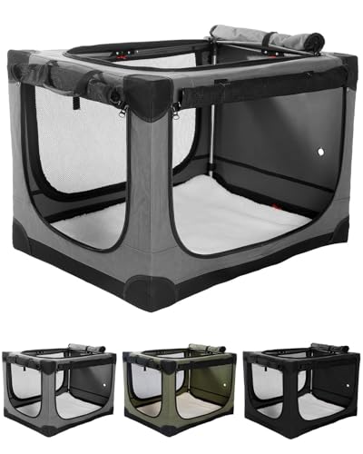 Veraste 30" L x 21" W x 21" H Collapsible Travel Dog Crate, Portable Soft Dog Kennel for Medium Dogs up to 45 lbs, 4-Door Foldable Travel Crate with Durable Mesh & Storage Bag, Grey - color: Grey, size: 30.0"L x 21.0"W x 21.0"H