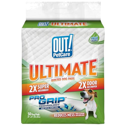 OUT! Petcare Large Dog Pee Pads, Disposable Quilted Training Pads with Pro-Grip, Leak Proof Absorbent Backing, Fast Drying, Puppy Housebreaking, Non Slip, Indoor Pet Potty Supplies, 21x21, 50 Count - size: 50 ct