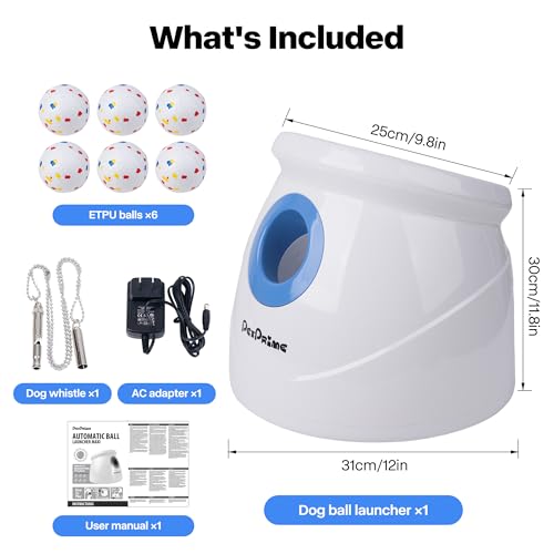 Pet Prime Upgraded Automatic Ball Launcher for Large Dogs,Rechargeable Dog Ball Thrower for Outdoor Exercise & Interactive Play,Adjustable 10-64ft Thrower with 6PCS 2.5" ETPU Balls,1 Dog Whistle