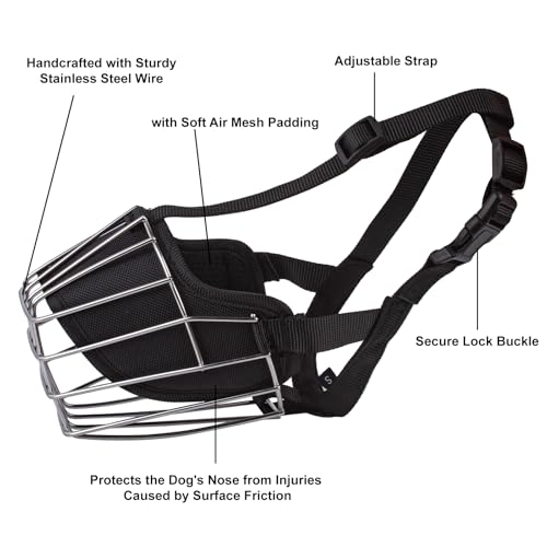 Dog Muzzle Metal Basket for Casaro, Labrador Retriever, Alaskan Malamute, Caucasian Shepherd, Saint Bernard, Bernese Mountain Adjustable Nylon Straps Secure Wire Mask for Biting Chewing Barking (L) - size: L
