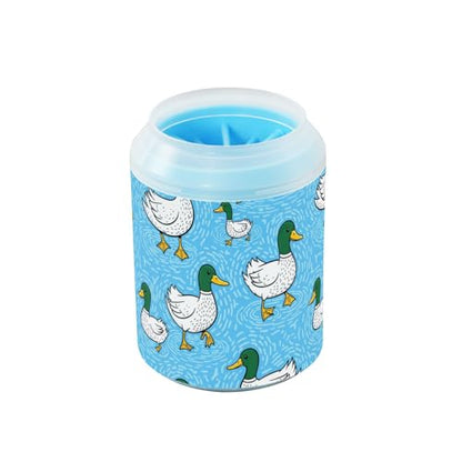 Duck Blue Pattern Dog Paw Cleaner Cup with Soft Silicone Brush, Small Portable Lightweight Muddy Paw Washer for Dogs, Easy to Use Pet Foot Cleaner