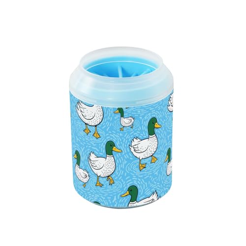 Duck Blue Pattern Dog Paw Cleaner Cup with Soft Silicone Brush, Small Portable Lightweight Muddy Paw Washer for Dogs, Easy to Use Pet Foot Cleaner