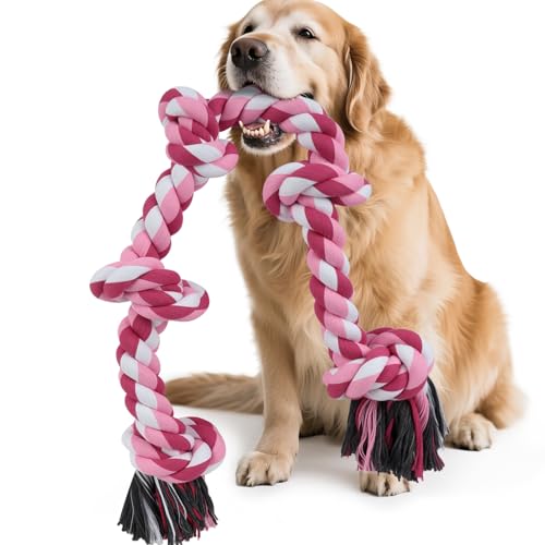 SZEE Dog Rope Toy for Large Dogs, 37 Inch 5 Knots, Tug of War Rope for Large Breeds, for Energy Release & Boredom Relief, Valentine’s Day Pet Toy (Red & Pink) - color: Pink, size: Large