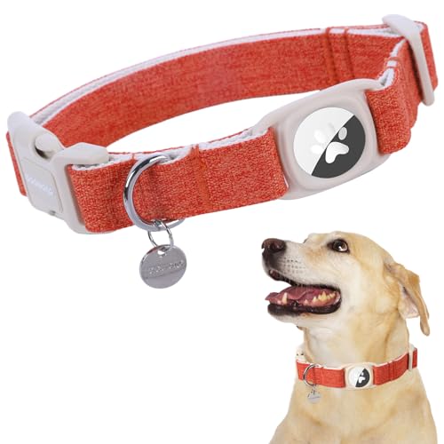 DOGWONG Airtag Cotton Hemp Dog Collar, Heavy-Duty Dog Collar with Airtag Holder Fall Orange Natural Fabric Pet Dog Collars Cute Puppy Necklace for Small Medium Large Dogs - color: Orange, size: Extra Small