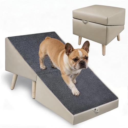 Split Ottoman Dogs Ramp, Dog Ramp for Couch and Bed, Dog Stairs for Small Dogs and Cats, 2-in-1 Foldable Wooden Pet Stairs and Ottoman,Non-Slip Fabric Surface Ramp for Couch and Bed Gray - color: Gray