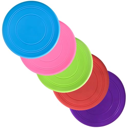 FAVOMOTO 5pcs Outdoor Dog Flying Disc, Sturdy Bite-Resistant Throwing Disc Set for Pet Training, Floating Soft Plastic Throwing Plate in Blue Red Purple Green Pink, Suitable for Active Dogs