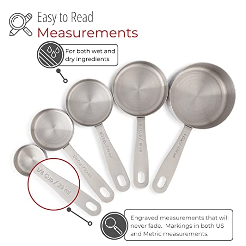 husMait 5-Piece Stainless Steel Measuring Cups Set - Heavy Duty Metal Measuring Cups with 1/8 Cup Size - Engraved Imperial & Metric Markings for Dry & Liquid Baking Ingredients, Stackable - color: Measuring Cups