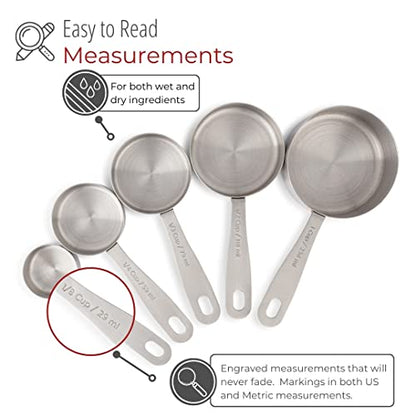 husMait 5-Piece Stainless Steel Measuring Cups Set - Heavy Duty Metal Measuring Cups with 1/8 Cup Size - Engraved Imperial & Metric Markings for Dry & Liquid Baking Ingredients, Stackable - color: Measuring Cups