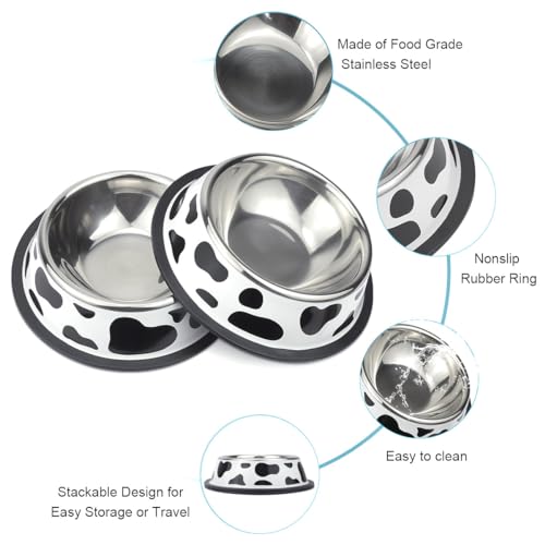 Stainless Steel Dog Bowls, Food and Water Non Slip Anti Skid Stackable Pet Puppy Dishes for Small, Medium and Large Dogs (2 Pack) - color: Milk Cow, size: ¾ Cup/7 oz