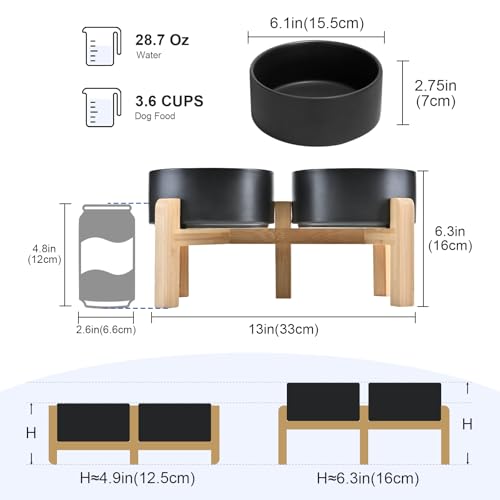 SPUNKYJUNKY Elevated Dog Bowls Ceramic, 6.1'' Dogs and Cat Food Water Bowls Raised with Non-Slip Bamboo Stand for Medium Sized Breed Microwave Dishwasher Safe - 28.7 OZ,Black - color: Black, size: 6.1 in - 3.6 cups