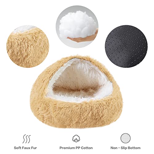 NOYAL Dog Bed Round Hooded Plush Cat Cave Donut Anti Anxiety Fluffy Dog Bed for Small Medium Dog and Cat - color: Golden, size: X-Small 15.7''