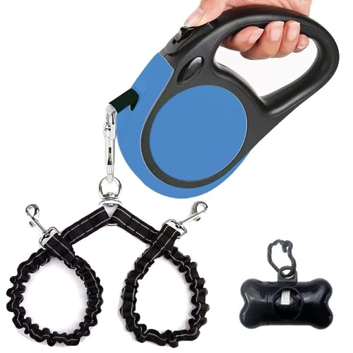 Dual Retractable Dog Leash Small Breed (Up to 44 Lbs Each) - 18.5 FT Extendable Double Headed Pet Leash with Poop Bags, Non Slip Grip - One Button Break & Lock, 360° Tangle-Free (Blue, Medium) - color: Blue, size: Medium
