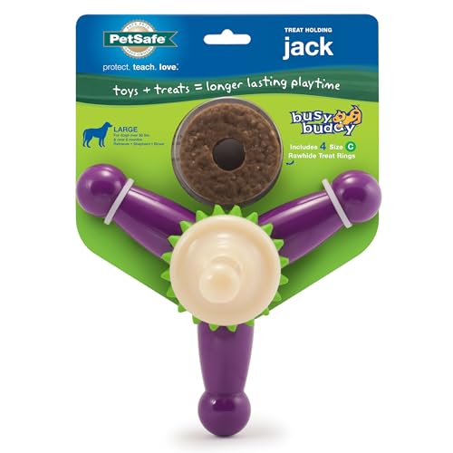 PetSafe Busy Buddy Jack - Treat Holding Dog Chew Toys - Helps Clean Teeth - Vanilla Scented Rubber for Strong Chewers - Treat Refills Included - Interactive Dog Toy Keeps Dogs Busy - Purple, Large - size: Large, style: Jack