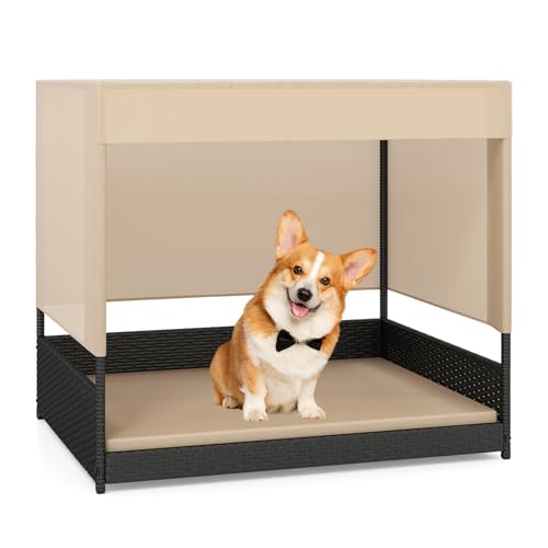 Tangkula Elevated Wicker Dog House for Small to Medium Breeds, Raised Rattan Pet Sofa Bed with Removable Cushion, Canopy Roof, Indoor & Outdoor Puppy Cat Shade Shelter for Patio, Yard, Garden